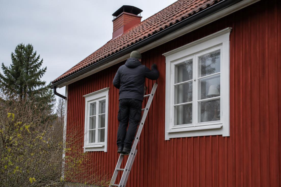 Person på stege som kontrollerar fasad och fönster på en rödmålad svensk villa